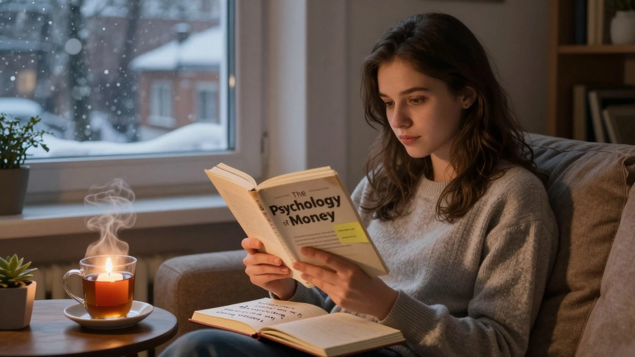 Молодая женщина читает 'Психологию денег' дома вечером, делая записи в блокноте.