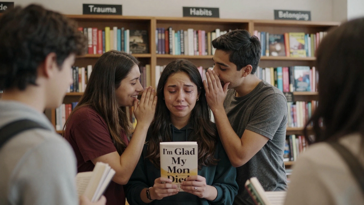 Молодые люди в книжном магазине, один держит книгу с эмоциональной реакцией, библиотекарь рядом с тёплой улыбкой.