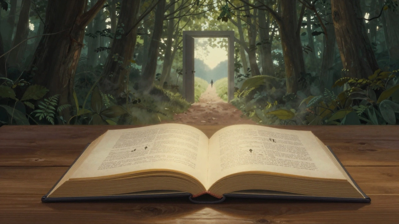 Открытая книга превращается в волшебный путь, ведущий в другой мир.