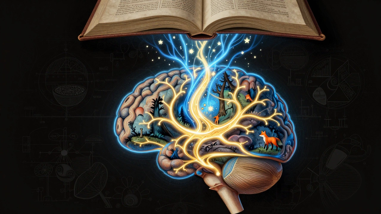 Разрез мозга ребёнка с активированными зонами, через которые проходят истории из книг.
