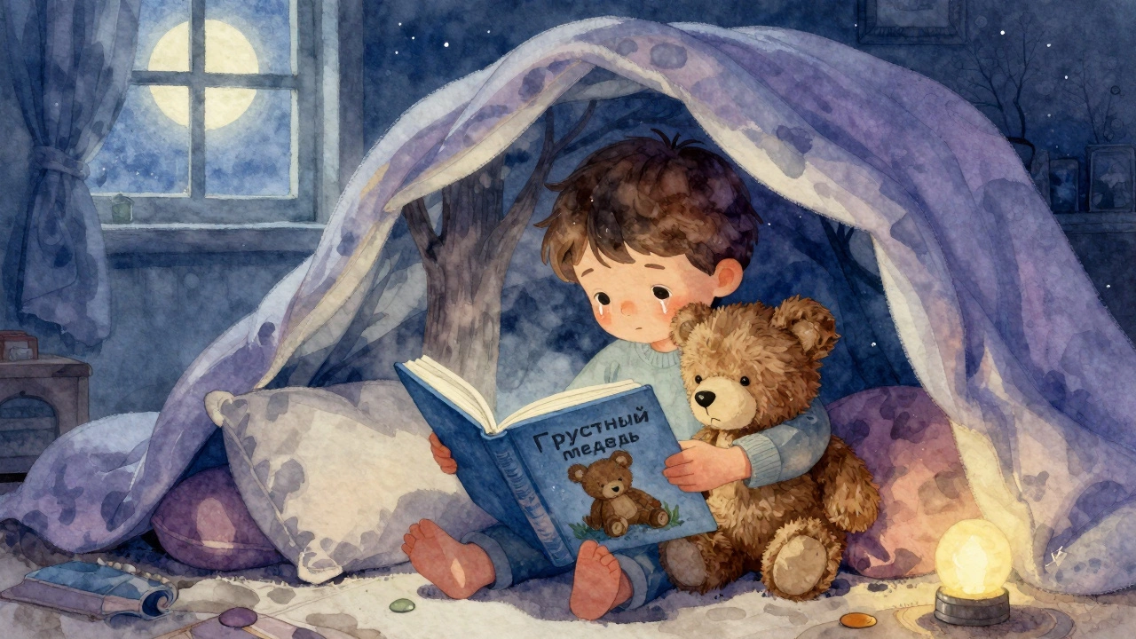 Ребёнок обнимает плюшевого мишку, читая книгу о грустном медведе в одеяльном замке.