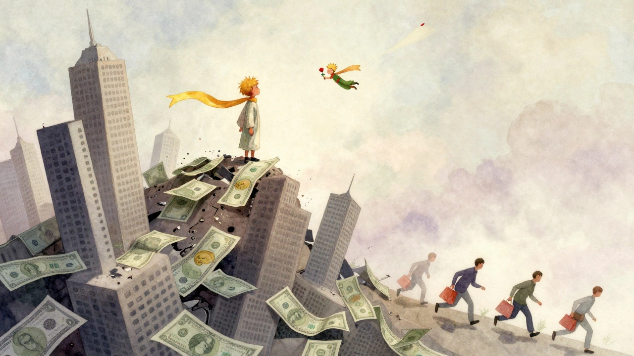 Ребёнок с розой стоит на холме из разрушающихся небоскрёбов, взрослые спешат с пакетами.