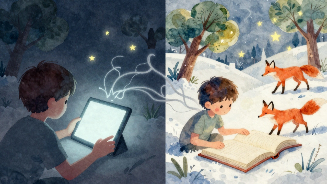 Ребёнок слева смотрит на экран, справа — погружён в мир книги с живыми сценами.