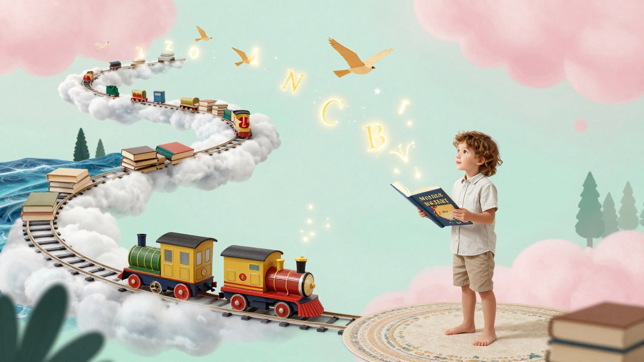 Ребёнок смотрит на волшебный поезд, который едет по книгам и облакам.