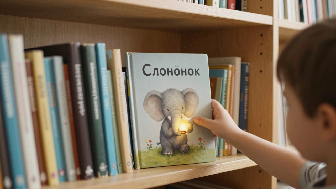 Рука ребёнка берёт книгу &#039;Слонёнок&#039; с полки, солнечный свет, тёплые деревянные тона.