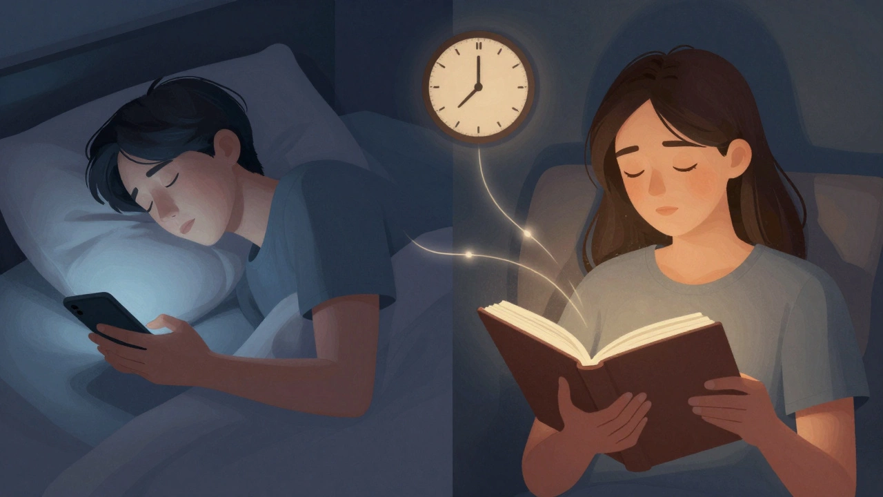 Сравнение: человек скроллит телефон и читает книгу — контраст двух привычек.