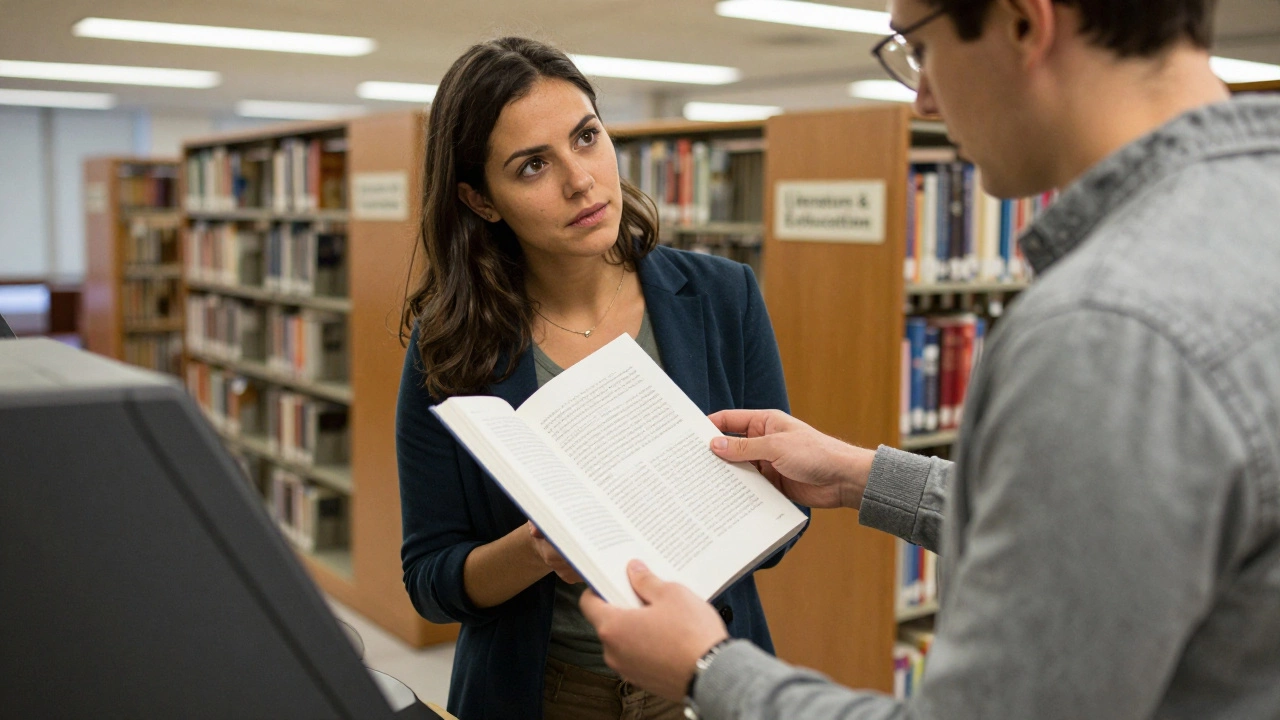 Автор передает книгу библиотекарю в университетской библиотеке.