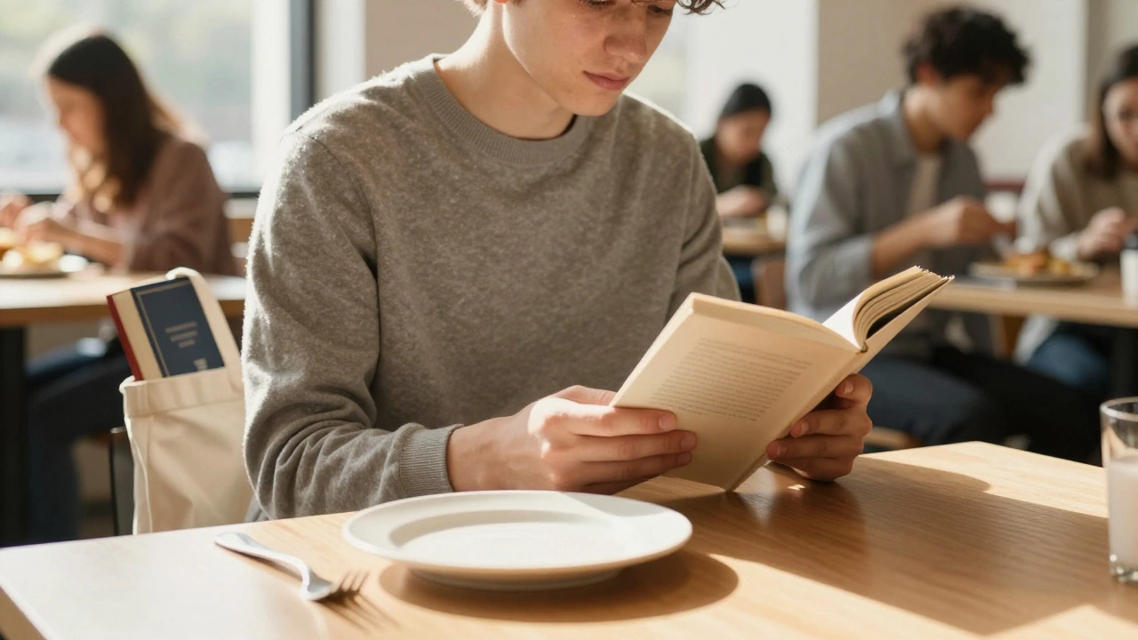 Человек читает за обедом в кафе, книга на столе, тарелка пуста.