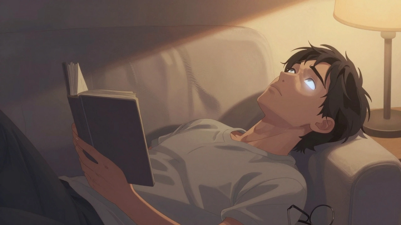 Человек лежит на диване, читает книгу под неудобным углом, шея и глаза напряжены.