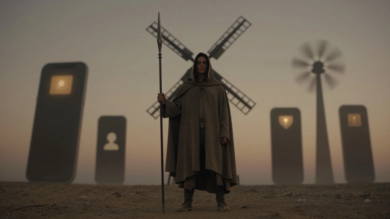 Человек с копьём стоит перед ветряной мельницей, лопасти превращаются в смартфоны.