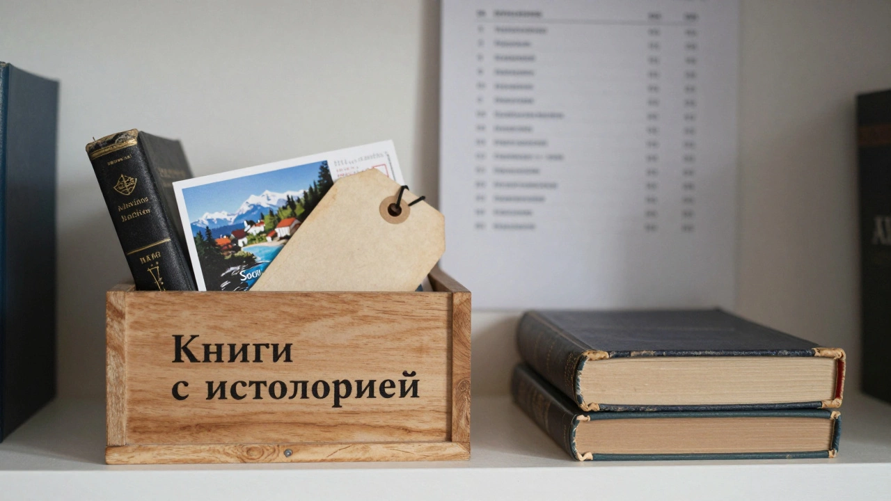 Деревянная коробка с книгами, имеющими личную историю, включая потрёпанный том и открытку из Сочи, стоит на полке рядом с упорядоченным каталогом.