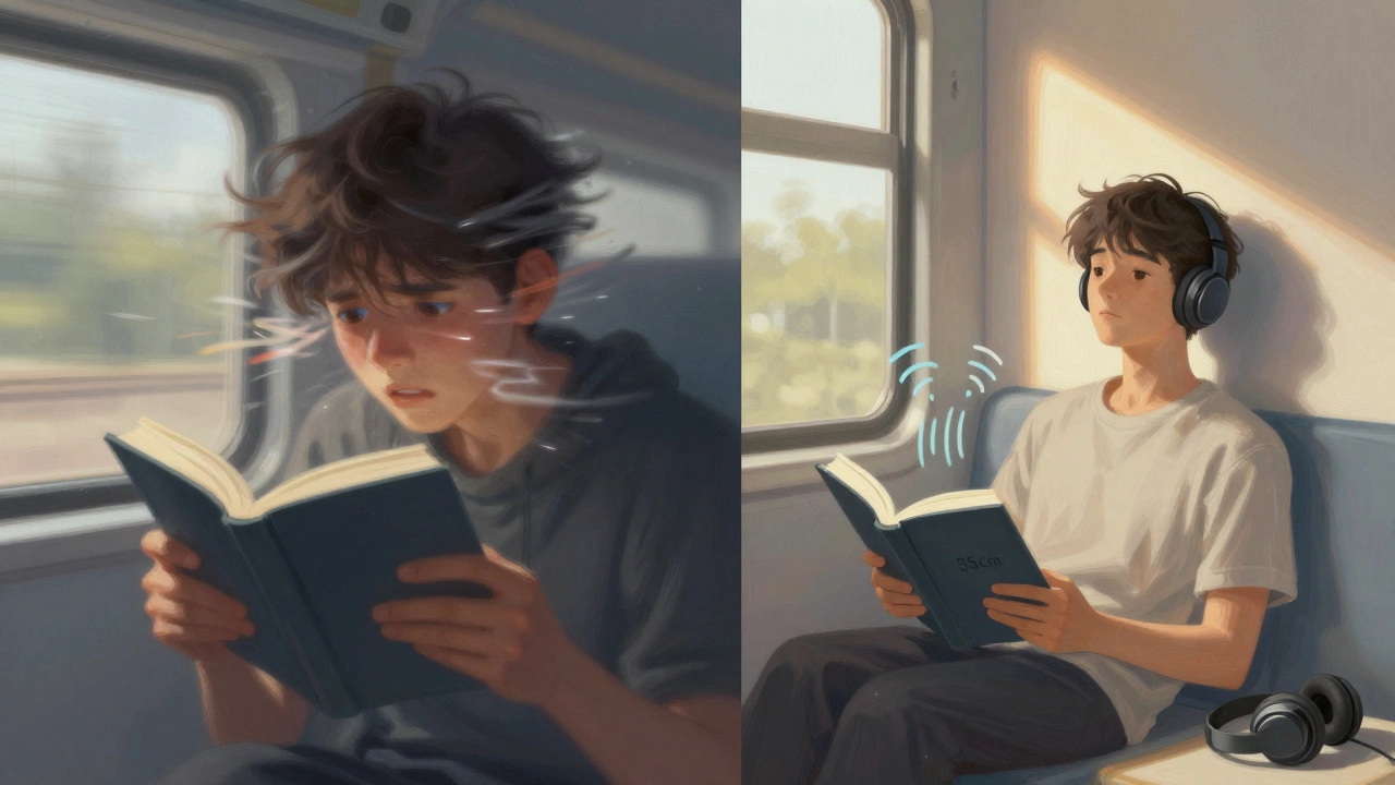 Два мира: слева — напряженное чтение в транспорте, справа — спокойное чтение дома с наушниками.