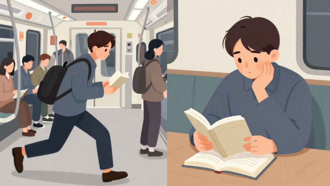Два образа одного человека: один спешит за чтением в метро, другой медленно читает за столом.