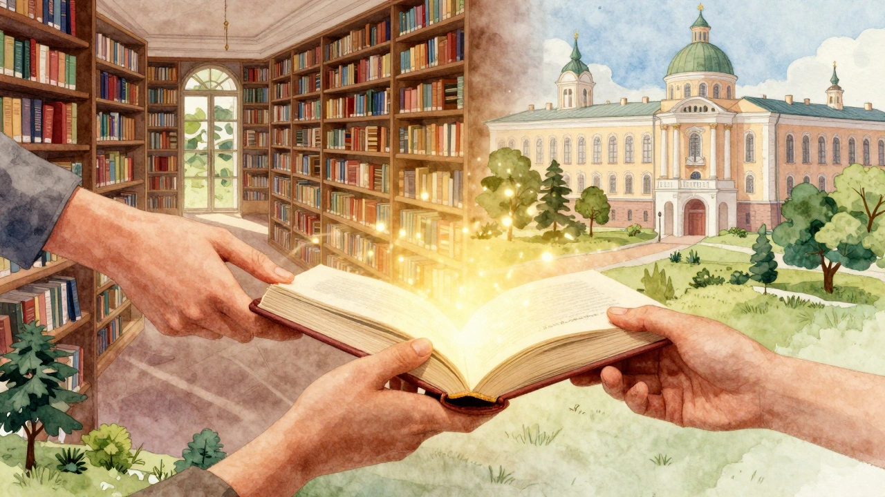 Книга передается от руки к руке, символизируя распространение культуры по городам.