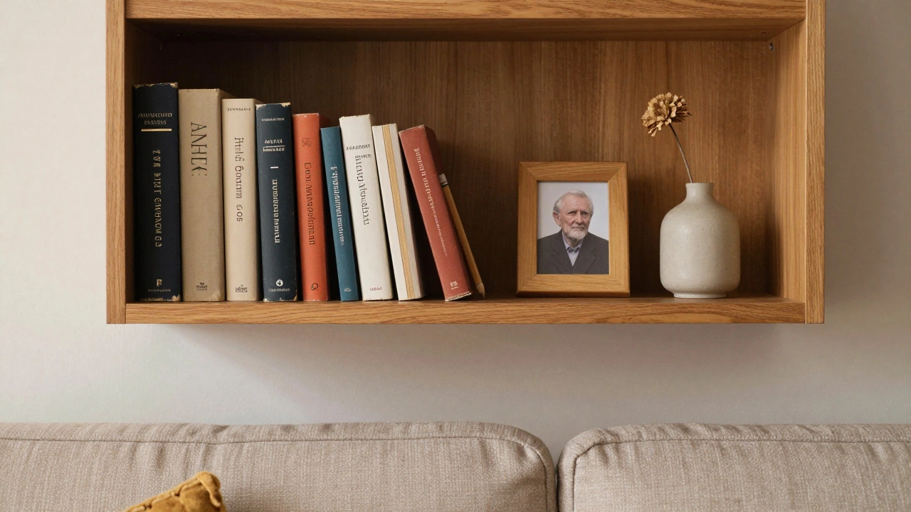 Книжная полка над диваном с фотографией, сухим цветком и карандашом между книгами.