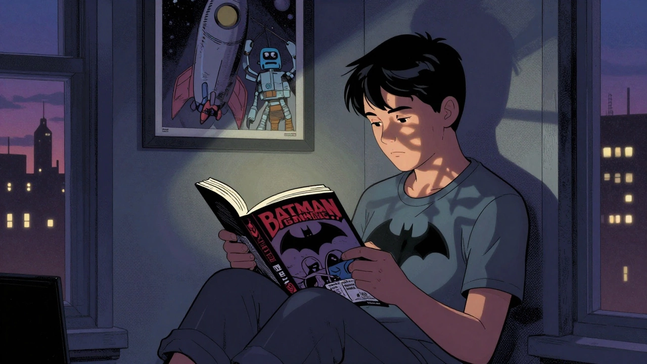 Мальчик читает графический роман о Бэтмене на подоконнике вечером.
