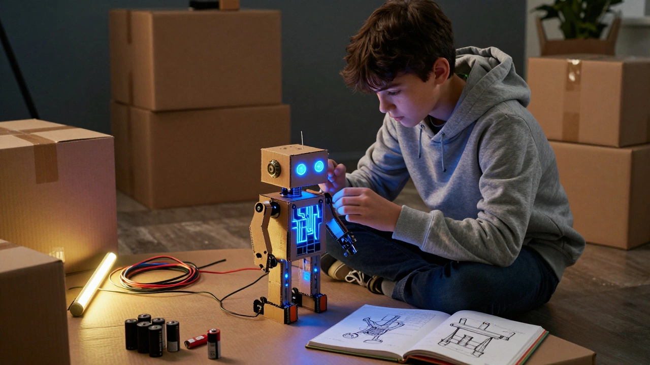 Мальчик собирает робота из коробок и проводов в своей комнате.