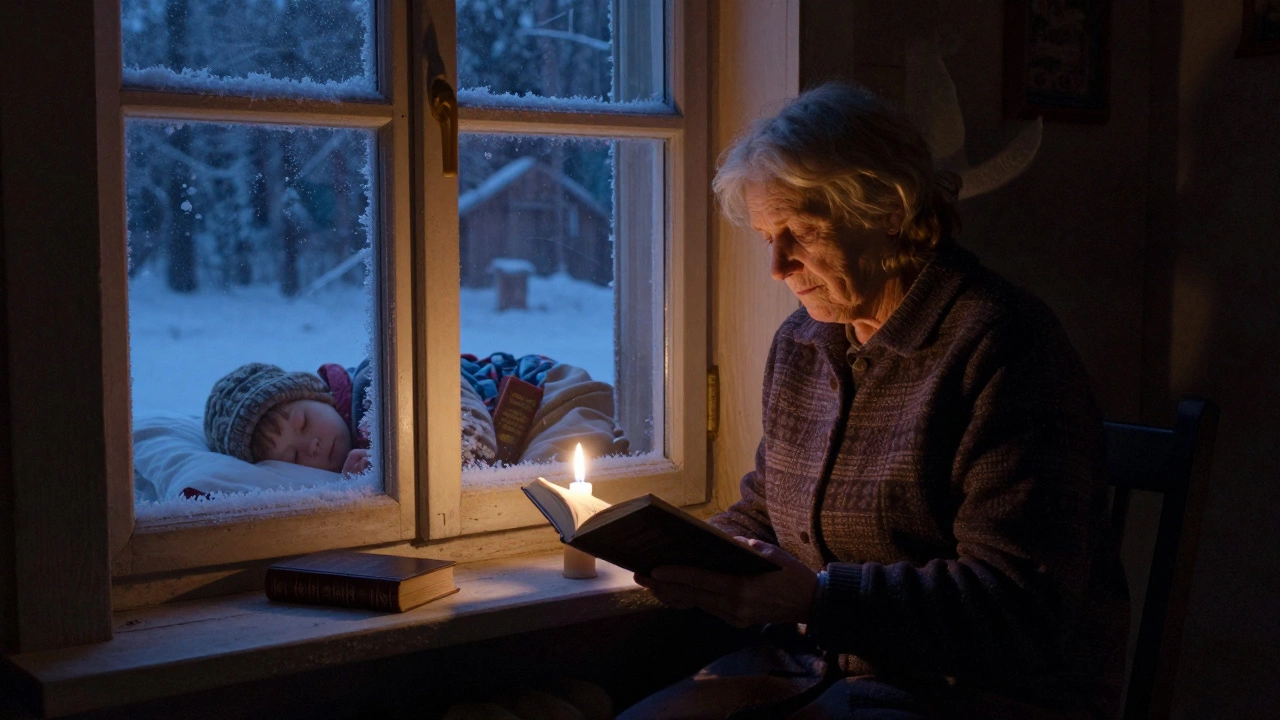 Пожилая женщина читает Библию при свече в русской деревенской комнате, ребёнок спит рядом.
