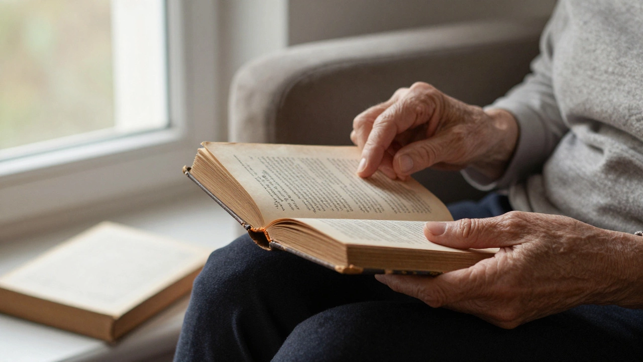 Пожилая женщина листает потрёпанную книгу 'Анна Каренина' при свете свечи, в углу — ещё одна открытая книга.