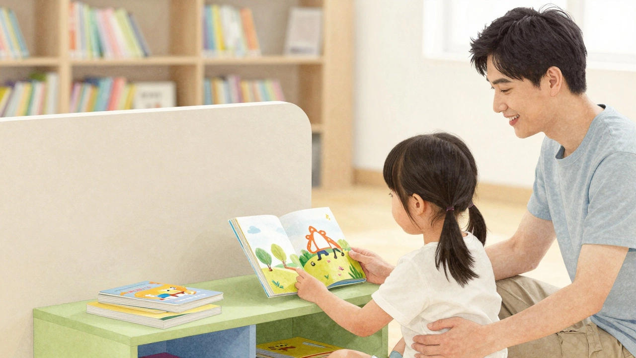 Ребёнок аккуратно возвращает книгу на полку в детской зоне библиотеки, рядом взрослый улыбается.