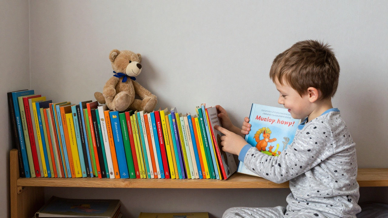 Ребёнок обнимает детскую книгу на низкой полке, рядом — ещё несколько потрёпанных книг, расположенных на уровне его глаз.