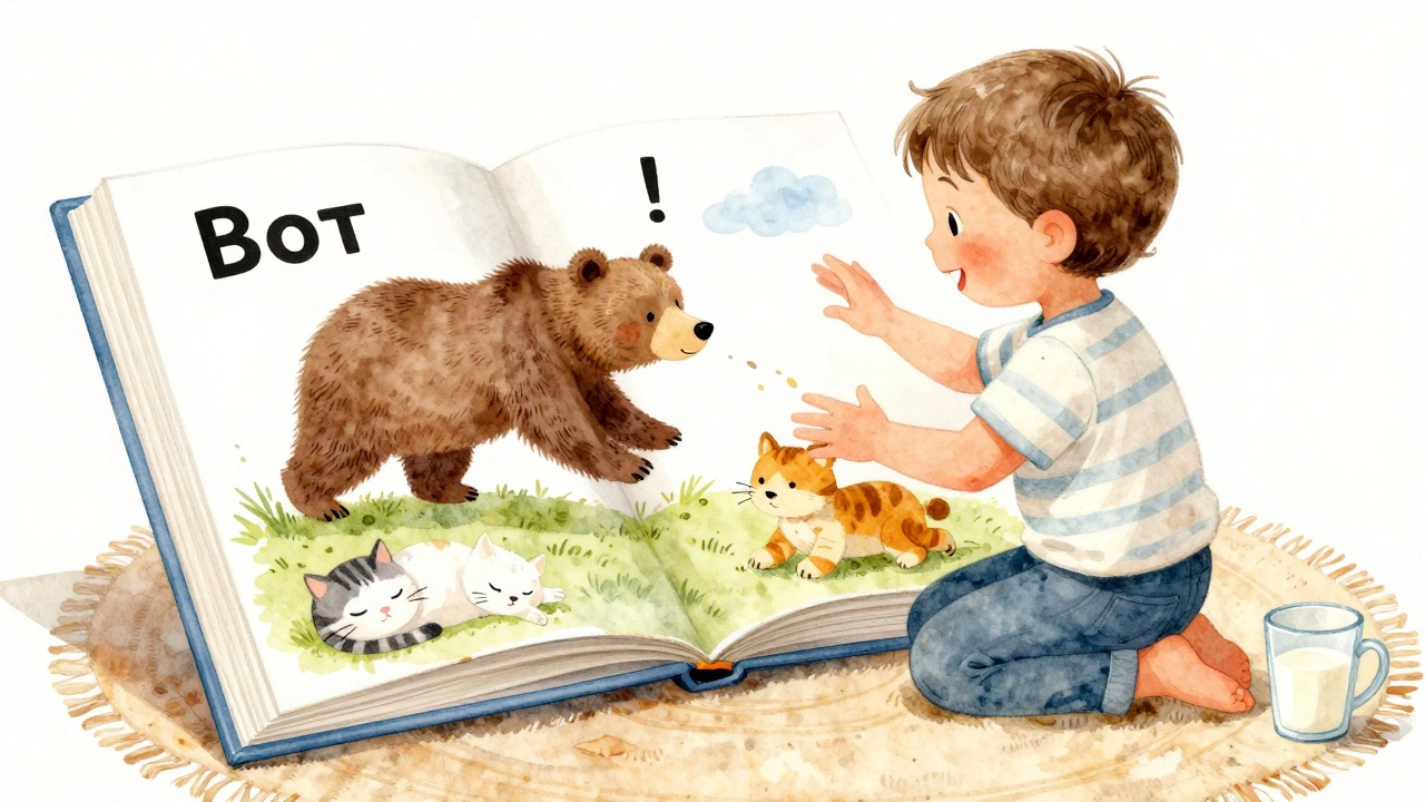 Ребенок повторяет движения медведя из книги, рядом спит котик, книга с яркими простыми картинками.