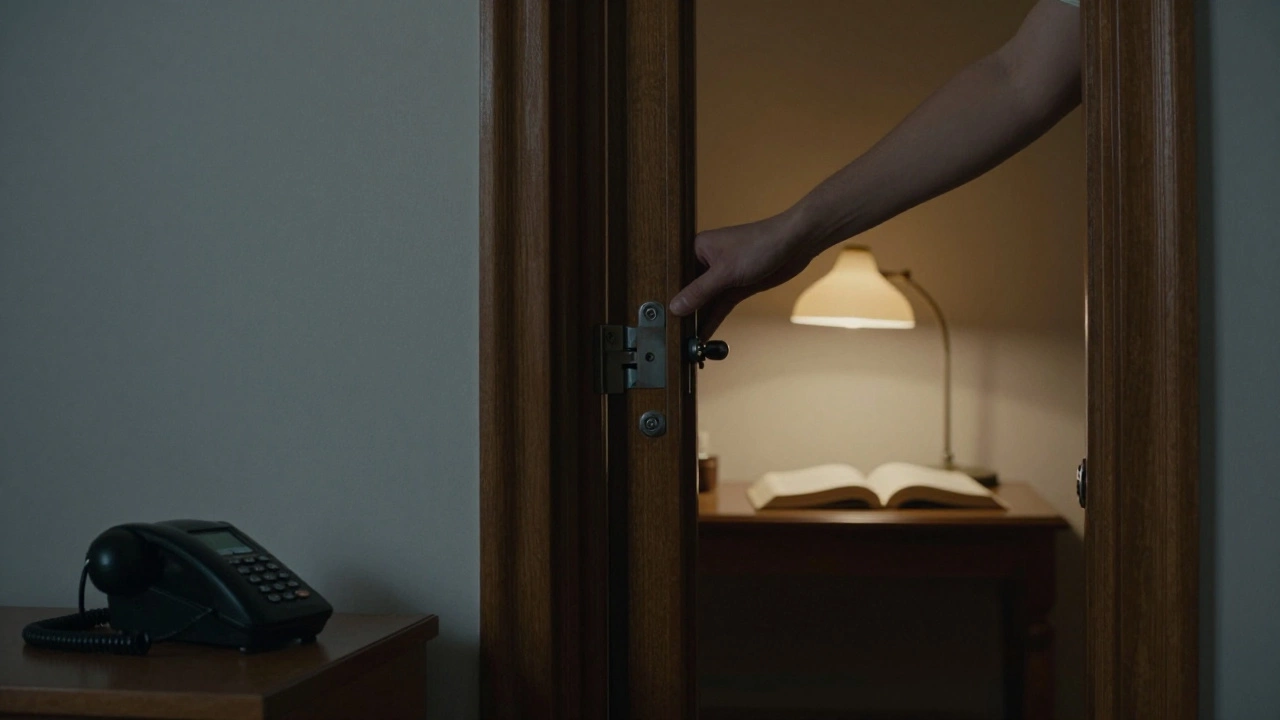 Рука медленно закрывает дверь библиотеки с мягким доводчиком, телефон лежит выключенный на столе.