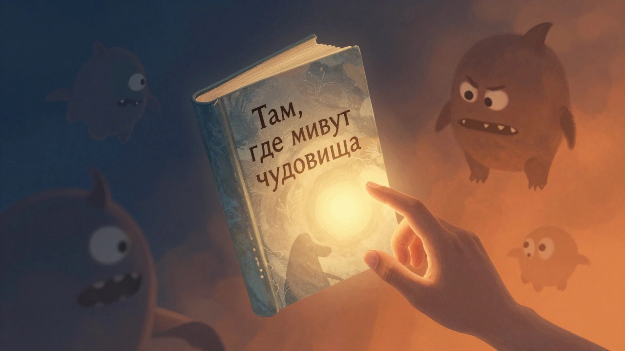 Рука ребенка тянется к светящейся книге с абстрактными силуэтами чудовищ, символизирующими эмоции.