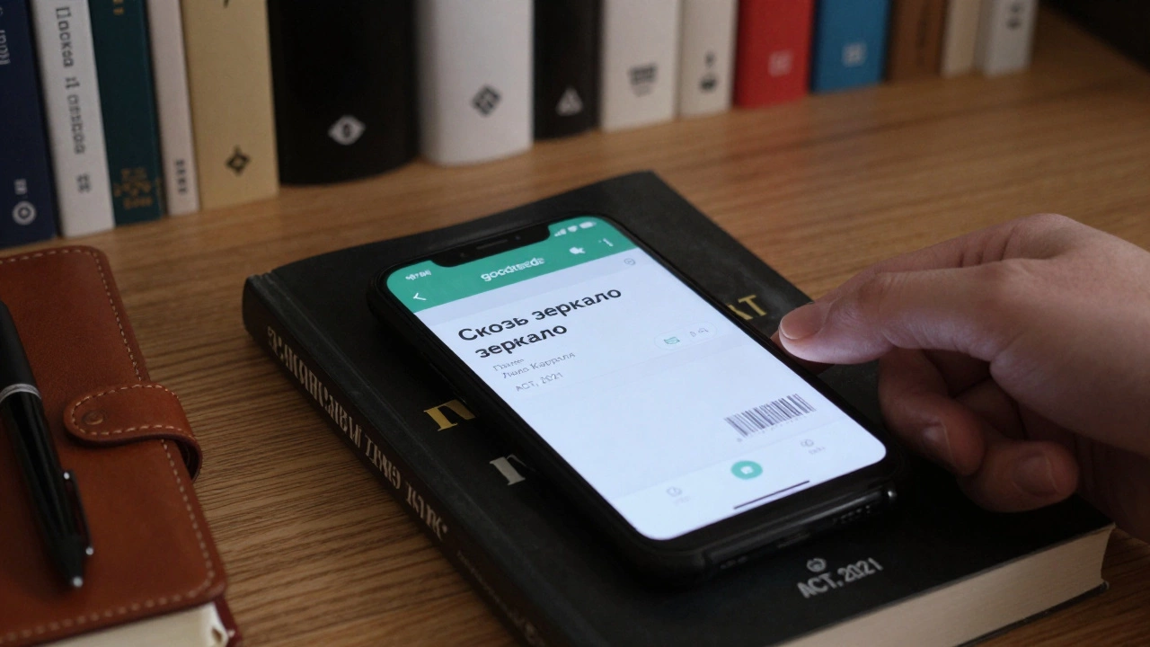 Рука сканирует штрих-код книги на смартфоне, на экране которого отображается приложение Goodreads с русскими данными о книге.