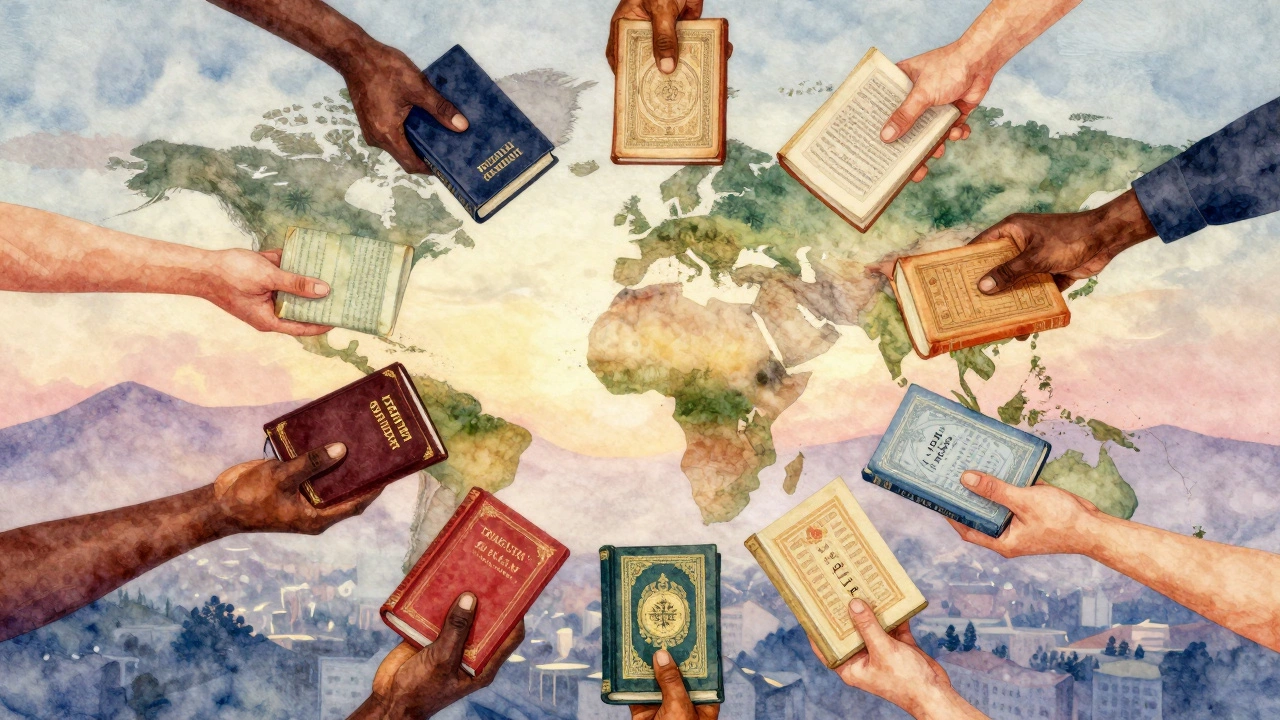 Руки разных народов держат священные книги: Библию, Коран, Бхагавад-гиту и Дао дэ цзин.