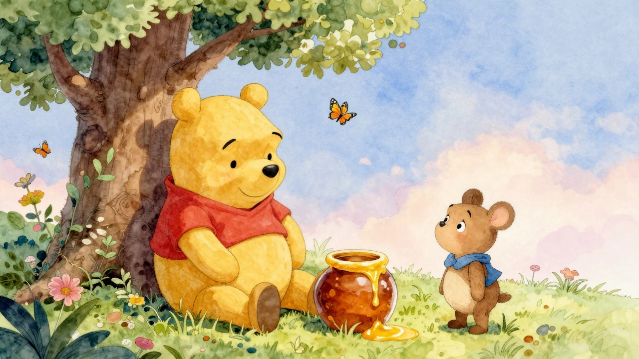 Винни-Пух и Пятачок сидят под деревом, окруженные мягкими тонами и бабочками.