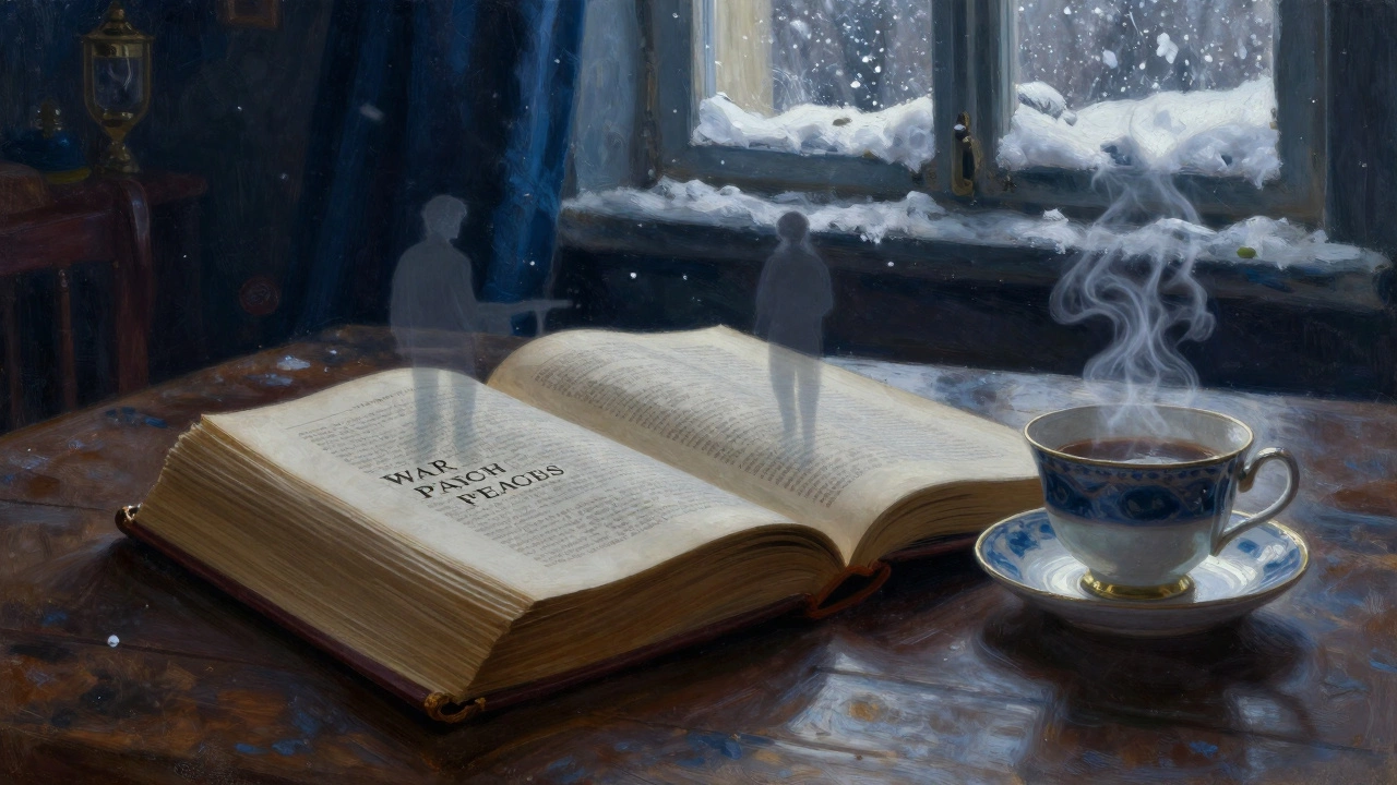 «Война и мир» на столе в русской комнате, за окном снег, тени персонажей в книге.