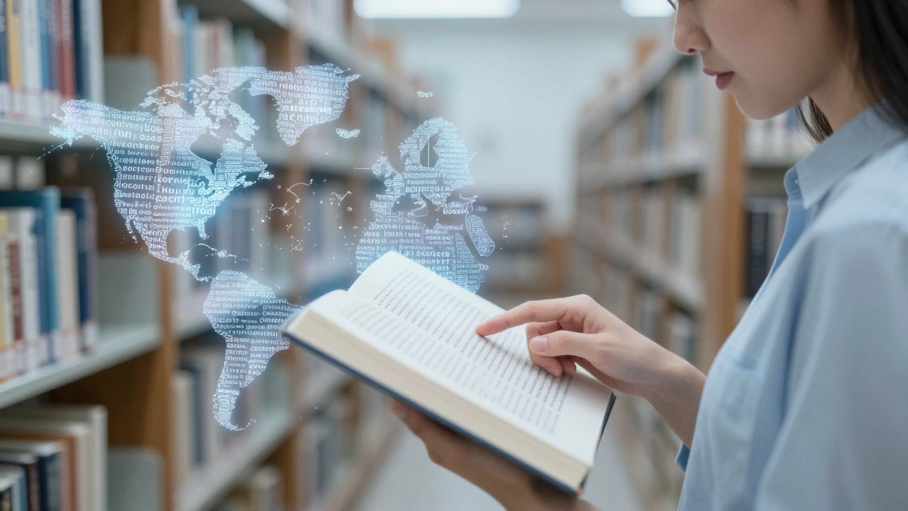 Человек читает, проводя пальцем по строке, вокруг — группировки слов, символизирующие блочное чтение.