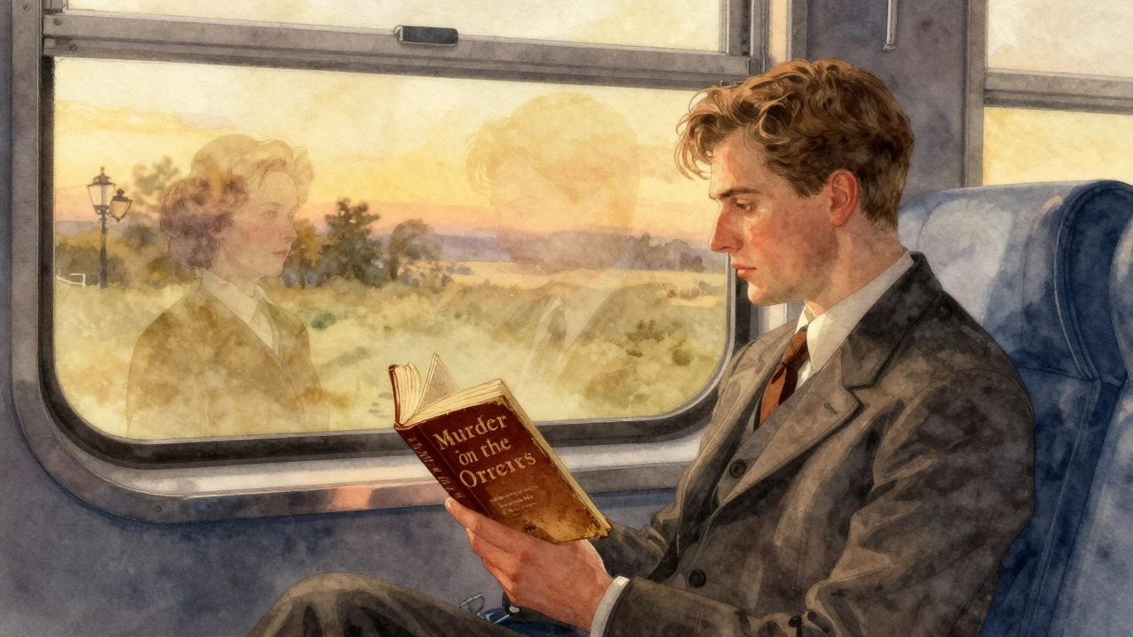 Читатель в поезде с книгой Агаты Кристи, в отражении окна — призраки Пуаро и Марпл