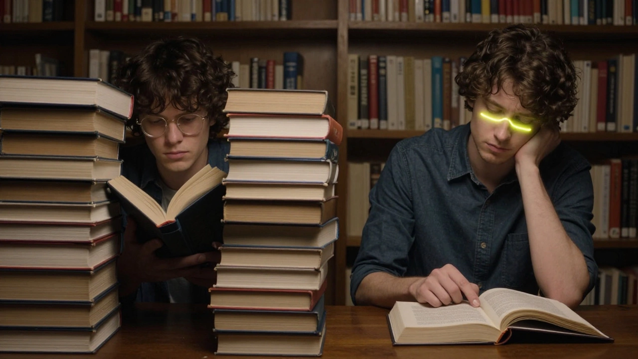 Два человека в библиотеке: один торопливо листает книги, другой глубоко размышляет над одной строкой.