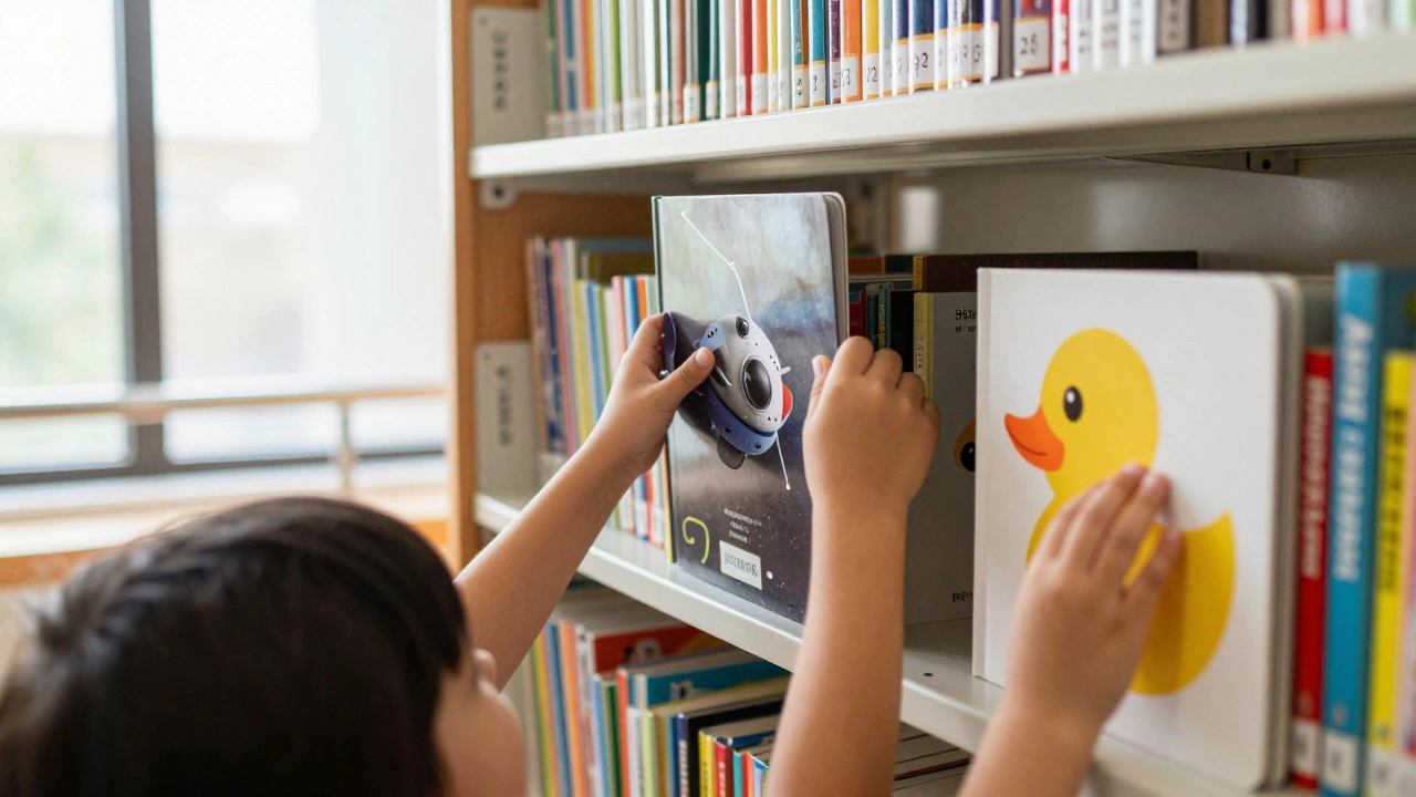 Два ребенка выбирают книги из библиотечной полки — одна с картинкой лошади, другая — со звездолетом.