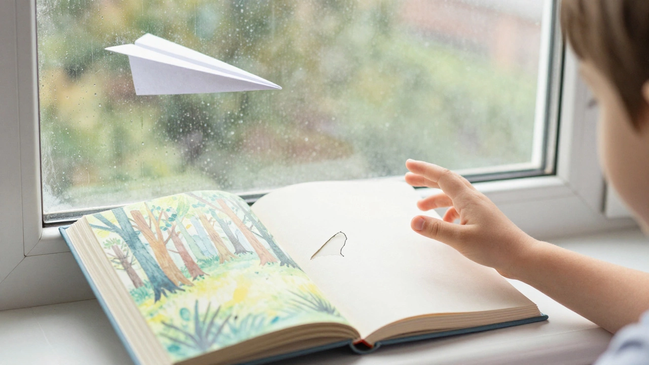 Книга на подоконнике с разными текстурами страниц, за окном — бумажный самолётик в дождь.