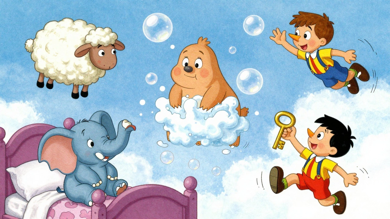 Пять сказочных персонажей из русских детских книг парят в воздухе над детской комнатой.