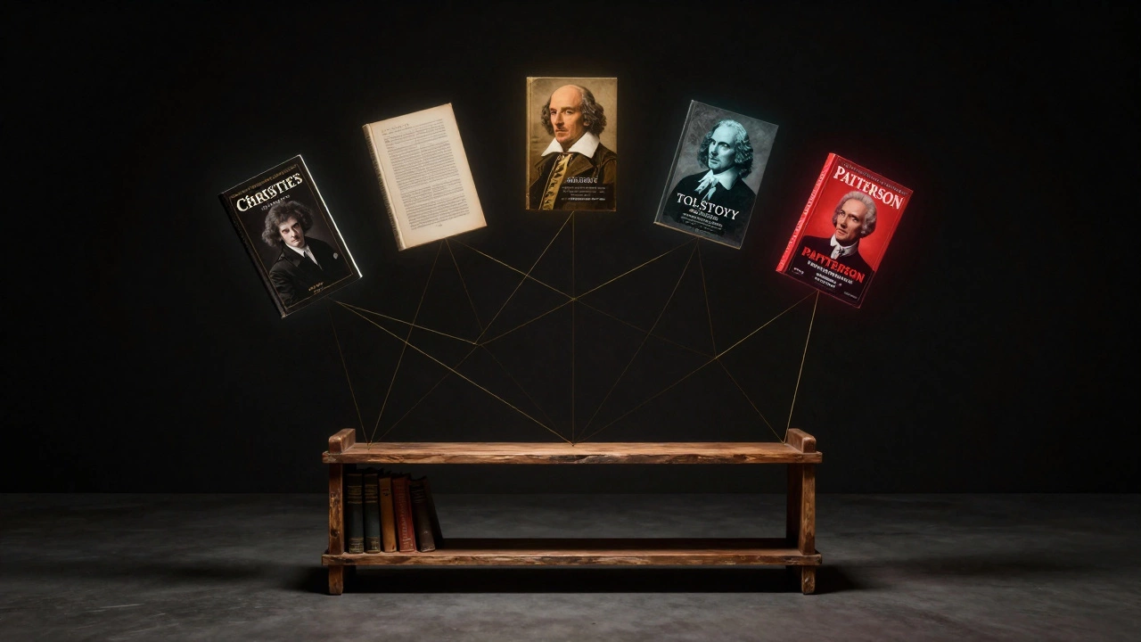 Пять знаменитых книг, светящиеся нитями, висящие над пустой полкой