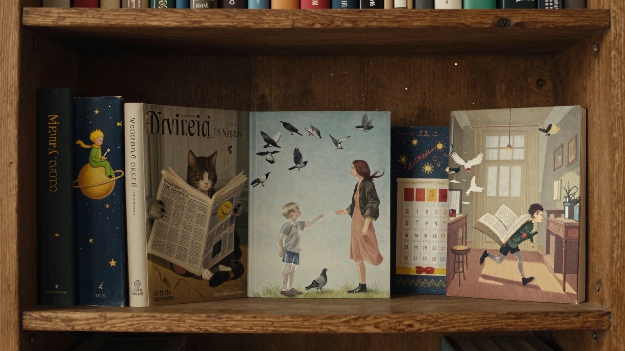 Полка с пятью волшебными детскими книгами, каждая по-своему необычна, в тёплом свете дня.