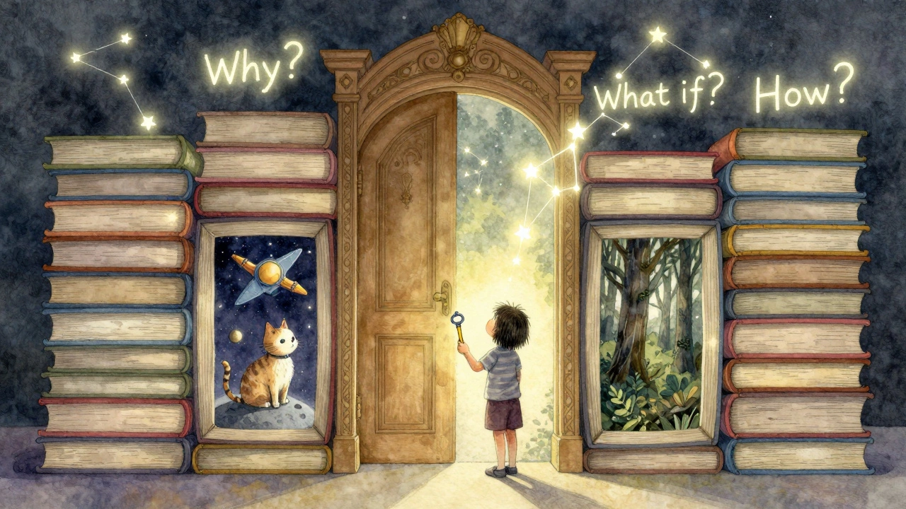 Ребёнок стоит перед дверью из книг, держа ключ в виде карандаша, вокруг — звёзды из вопросов.