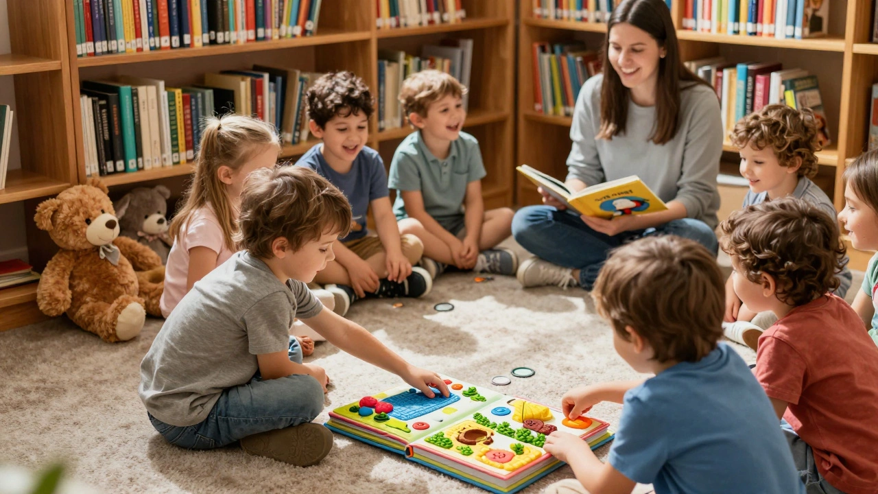 Ребёнок в библиотеке трогает текстурированную книгу, рядом — библиотекарь читает детям.