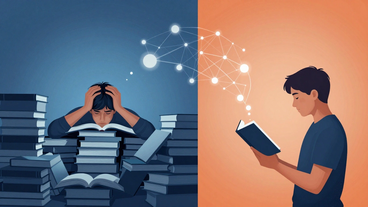 Сравнение: один человек подавлен книгами, другой — спокоен, окружен связями идей, символизирующими эффективное чтение.