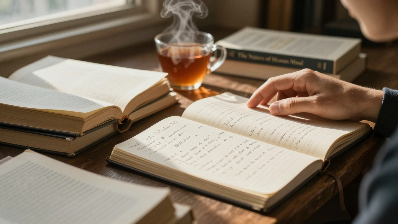 Стол с открытыми книгами, записями и чашкой чая, мягкий солнечный свет