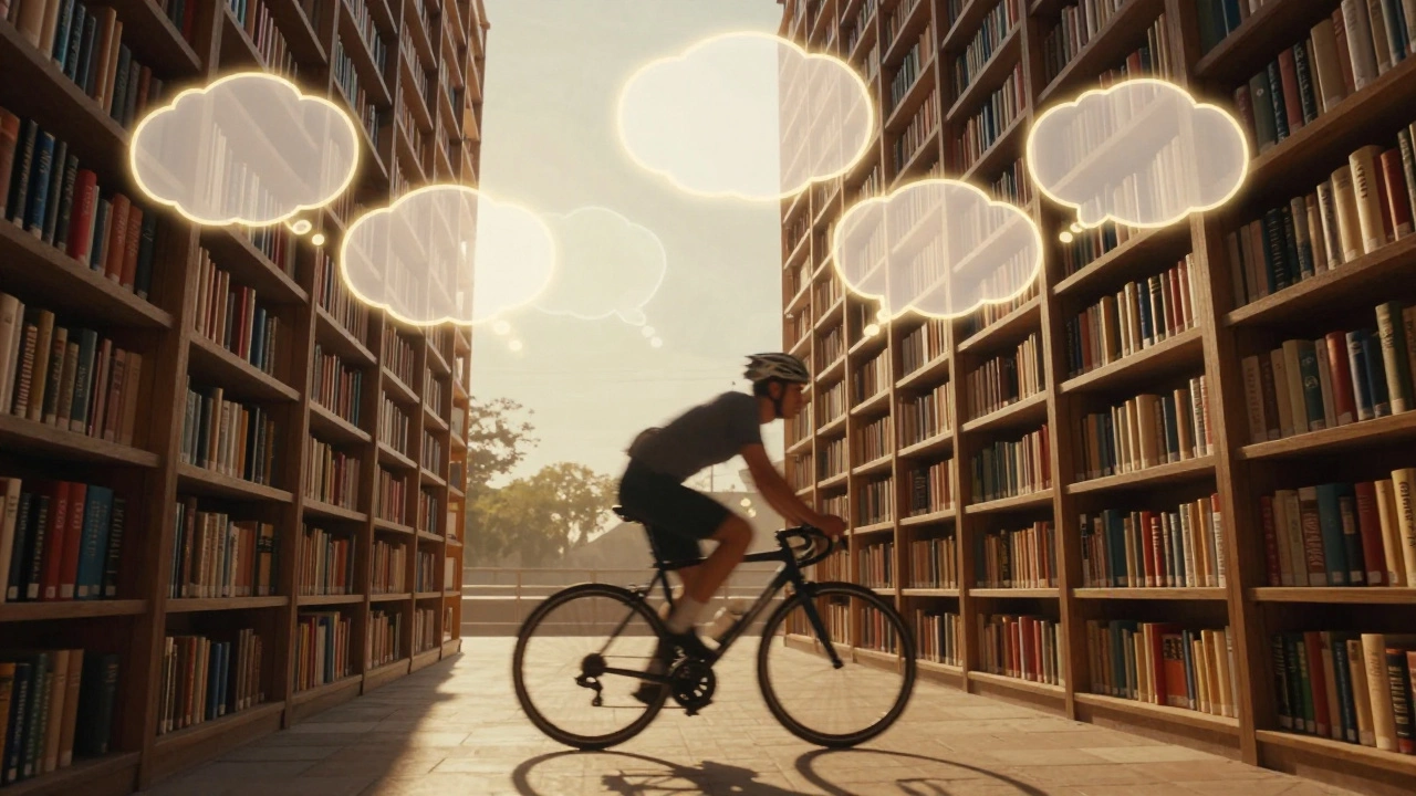 Велосипедист мчится мимо книжных полок, над головой — светящиеся мысли, символизирующие понимание смысла.