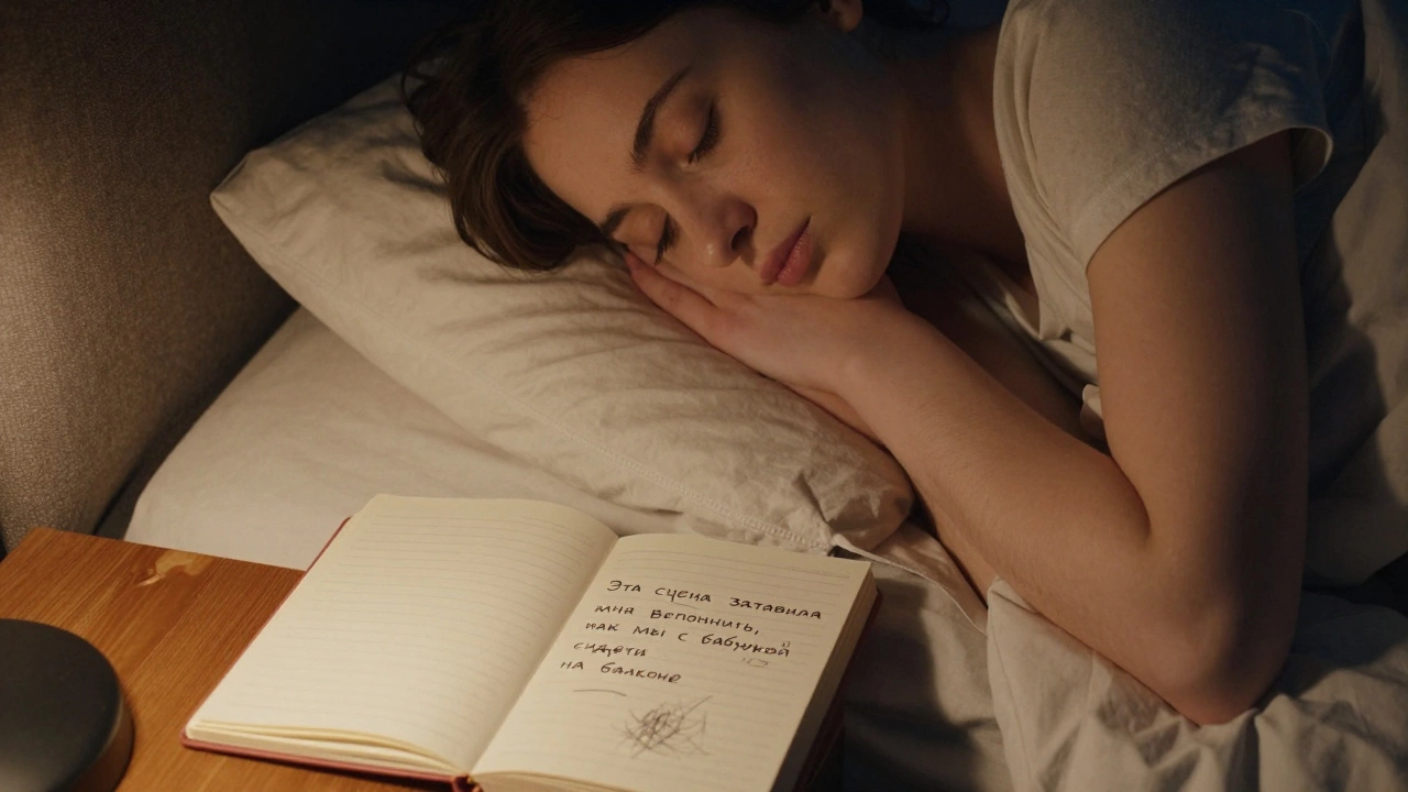 Человек читает вслух в постели, рядом открыт блокнот с заметкой о воспоминании.