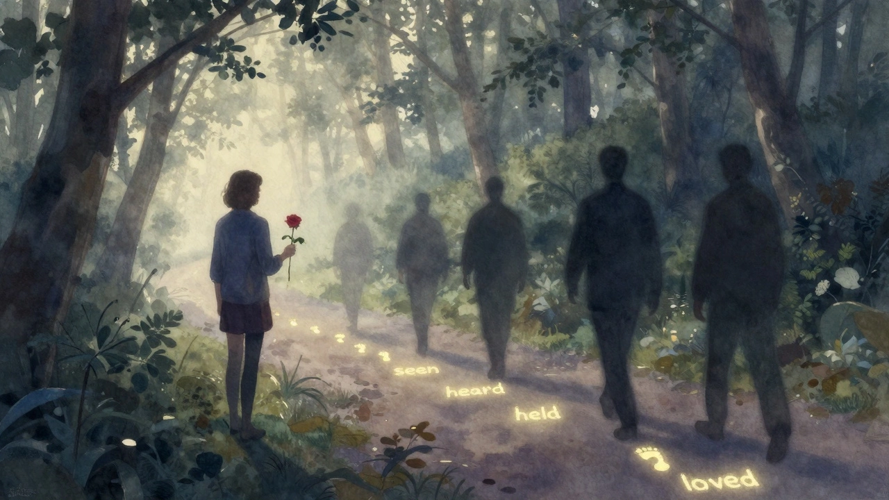 Человек с розой на краю леса у рассвета, впереди — светящиеся следы слов 'увиденный', 'услышанный', 'обнимаемый'.