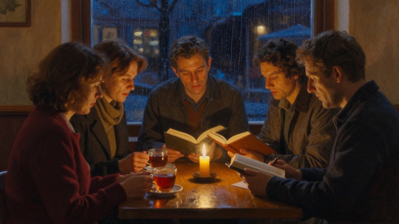 Четыре человека в кафе слушают друг друга в тишине, свеча горит на столе, за окном дождь.