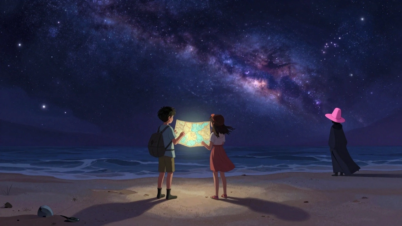 Дети стоят на пляже под звёздным небом, держат в руках светящуюся карту сокровищ.