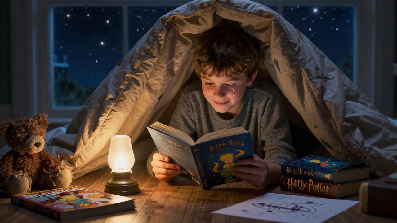 Девочка читает под одеялом в палатке, рядом с книгами 'Маленький принц' и 'Гарри Поттер', за окном — звёздное небо.